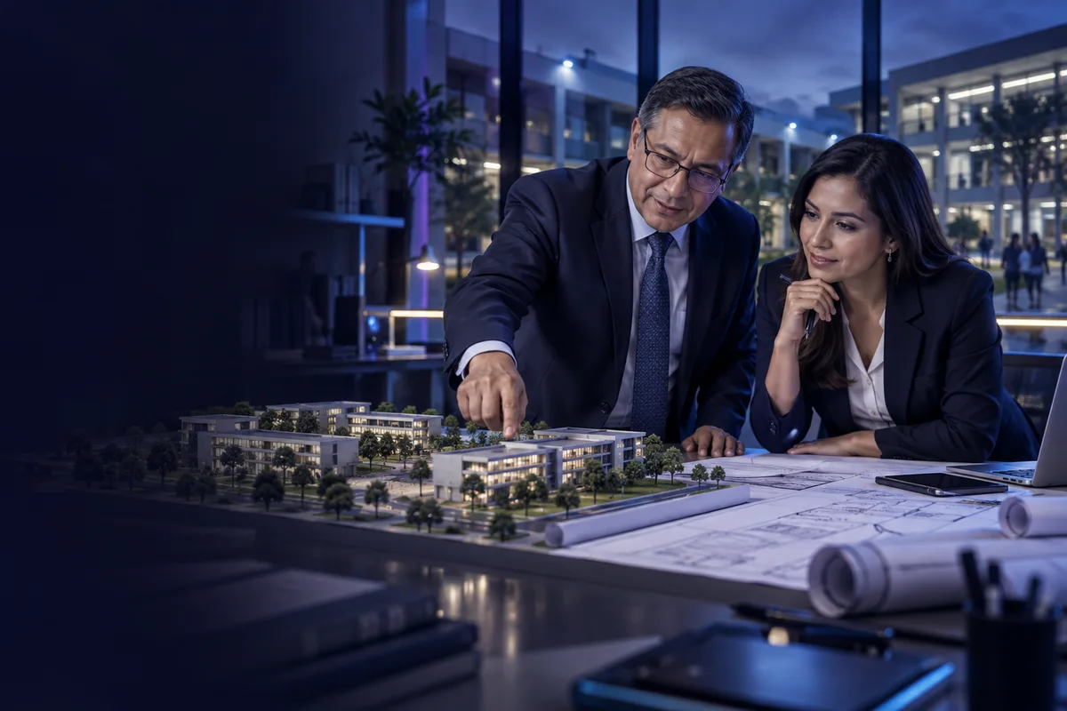 Rector y directora de planificación revisan planos y una maqueta de campus.